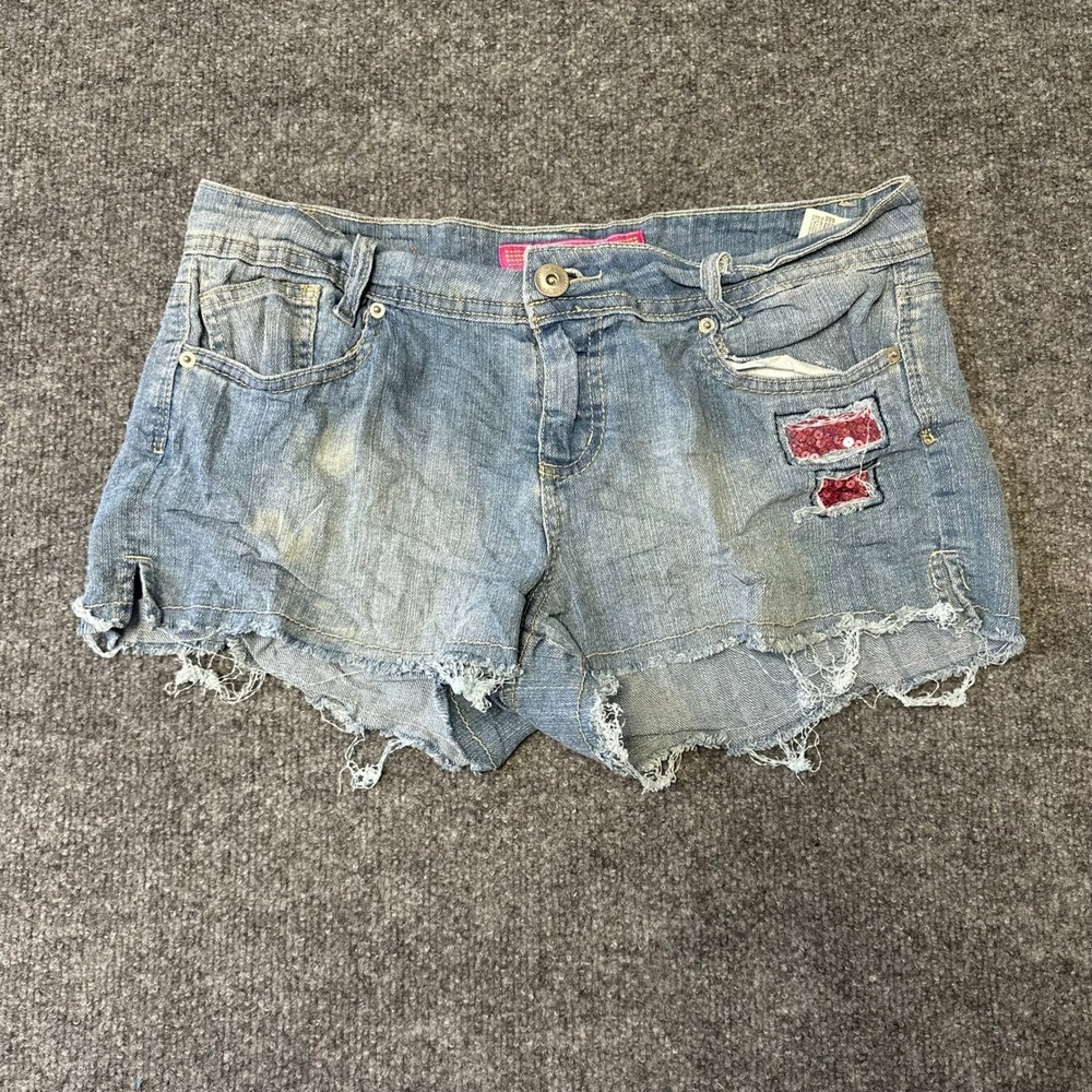 GLO Jeans Shorts Womens Size 11 Blue Light Wash Sequin Distressed Ramie Cotton